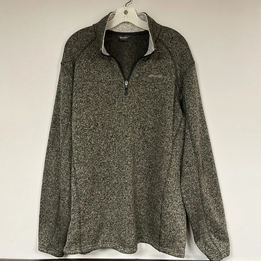 Eddie Bauer men's 1/4 zip gray/tan/black pullover sweater, inside fleece - TXL